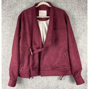 Cromwell Valley Faux Suede Moto Jacket Womens Large Burgundy Embroidered Stretch